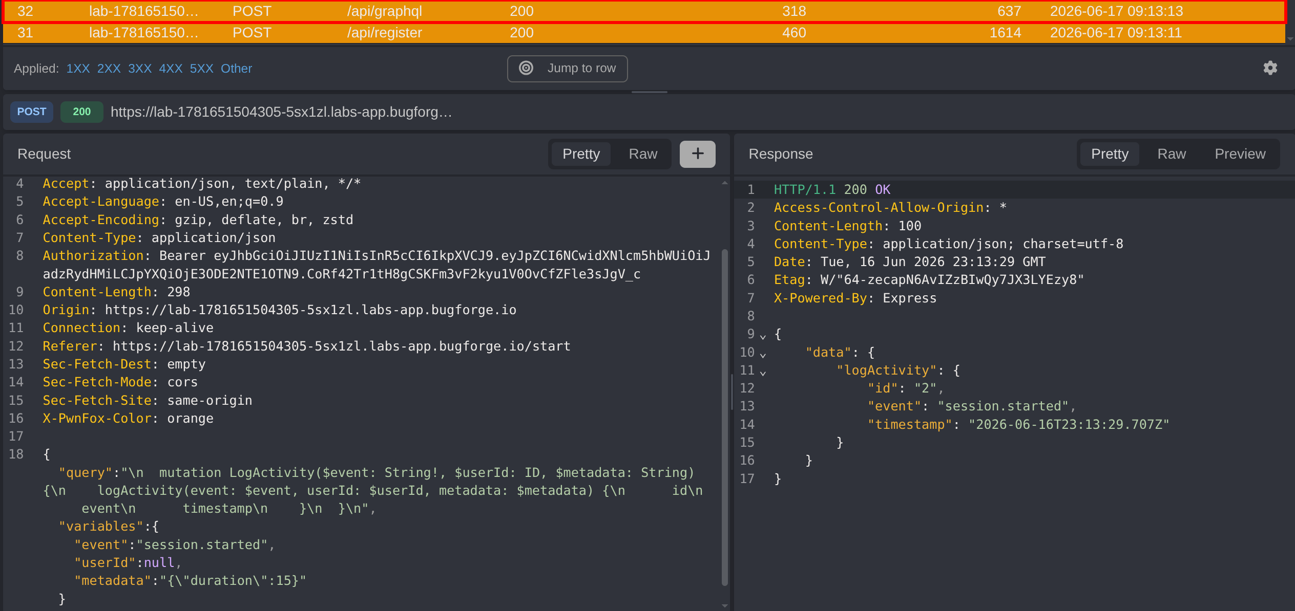 GraphQL endpoint in Caido HTTP history