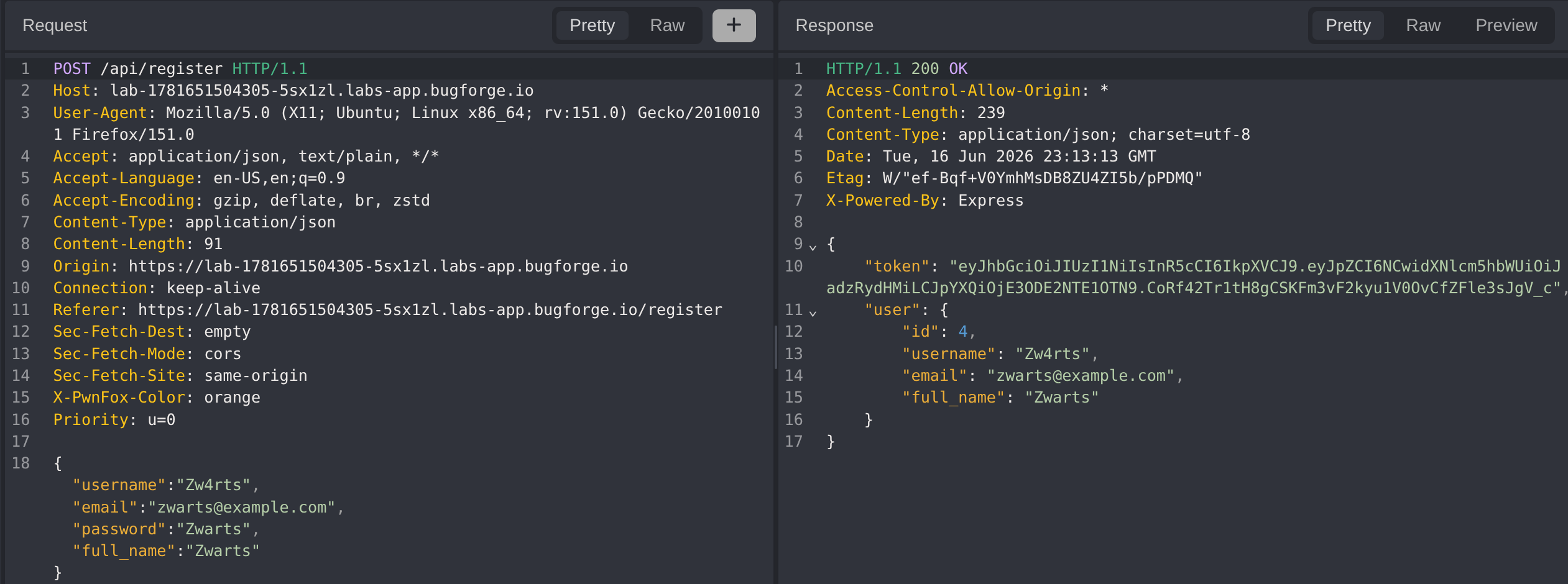 Account registration response with JWT token