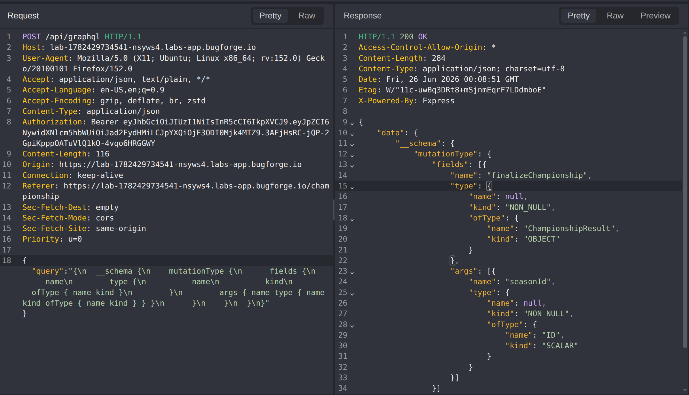 Mutation return types showing finalizeChampionship returns ChampionshipResult