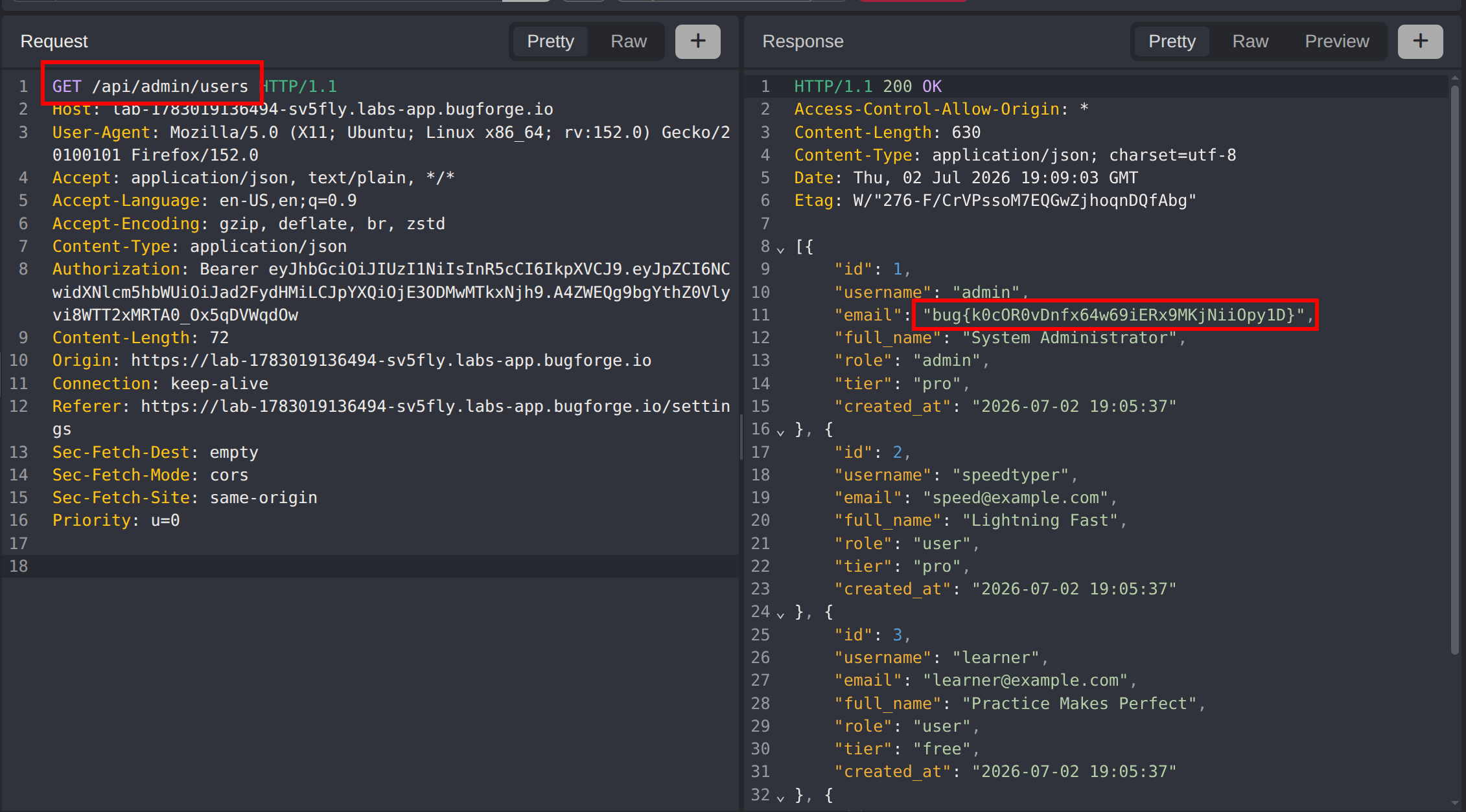GET /api/admin/users returning the user listing and flag