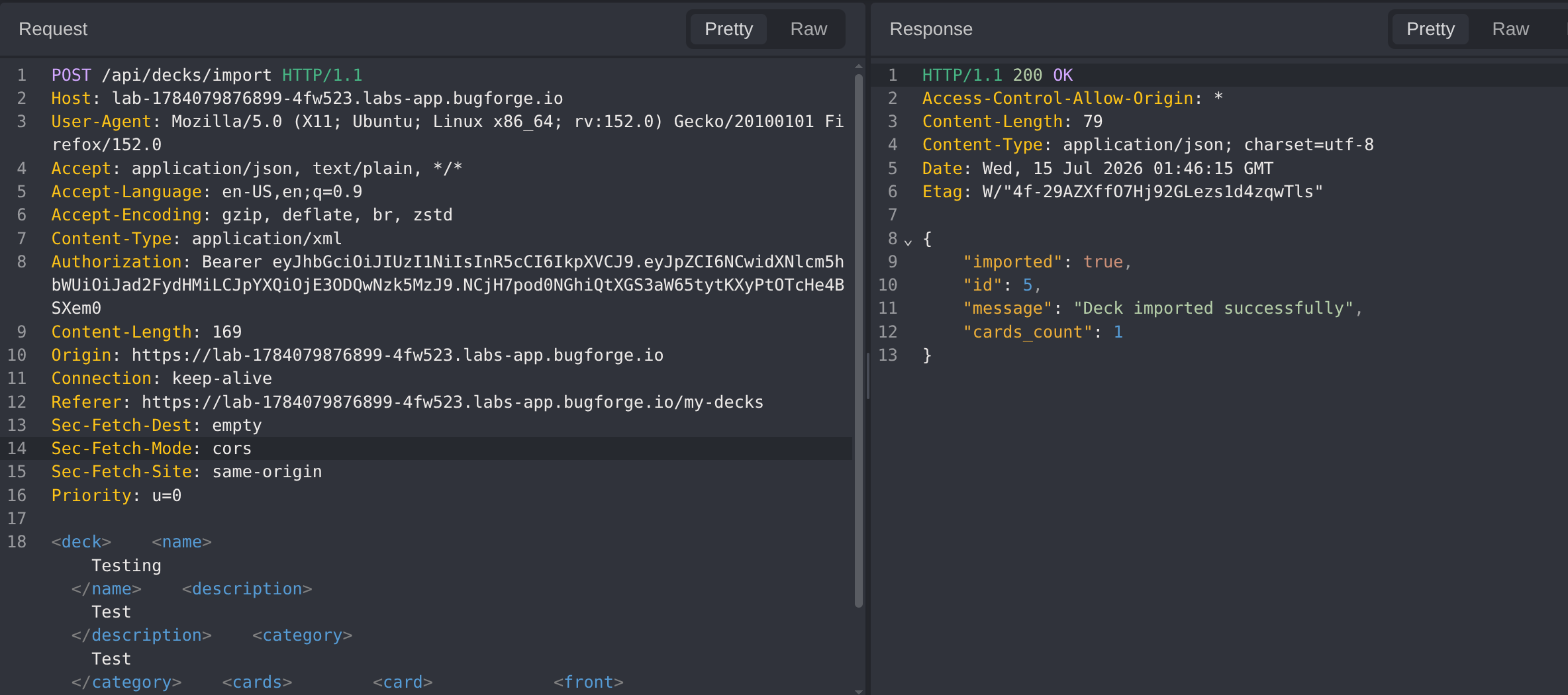 XML import request in Caido