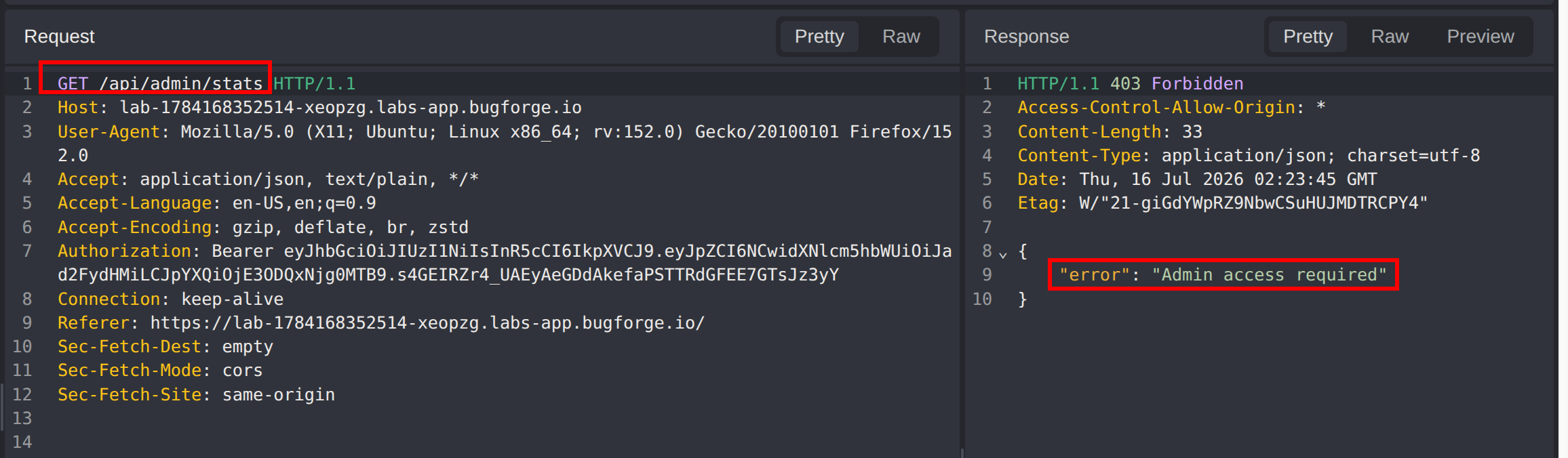 Admin endpoint refused for a normal user