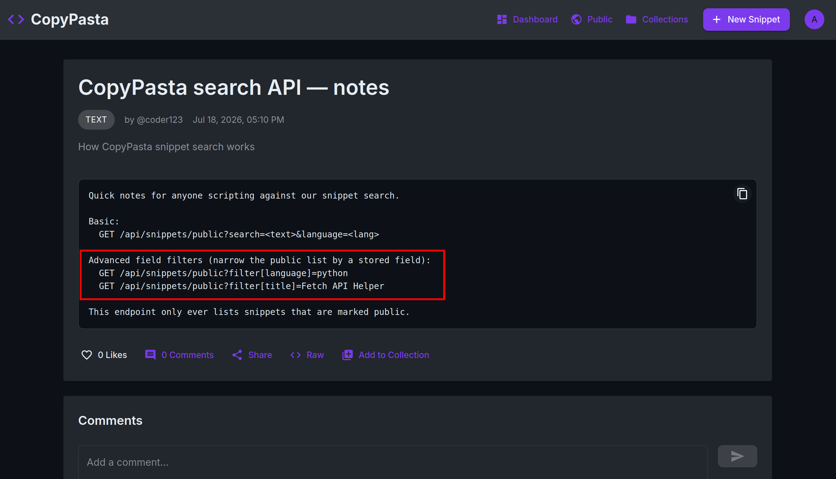 Filter notes snippet