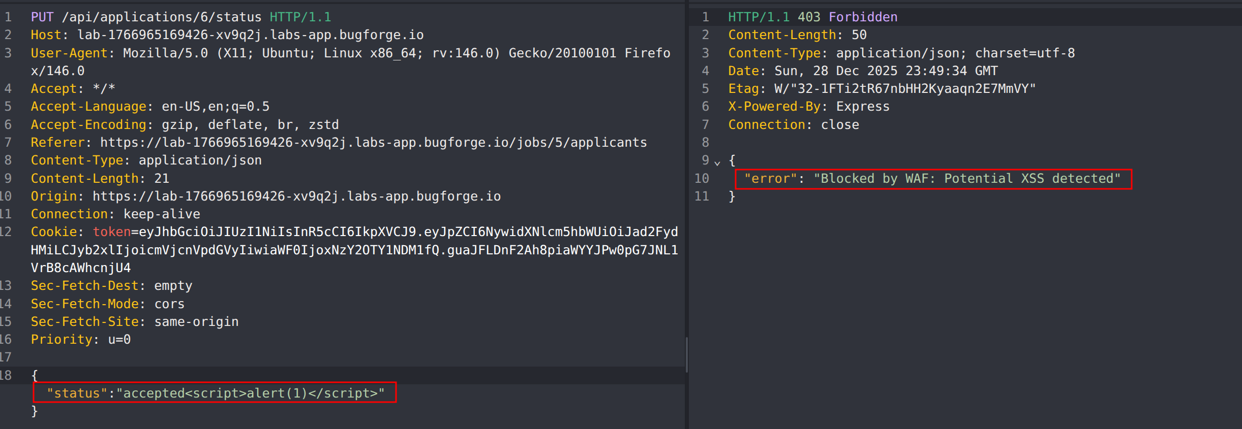 Application Status Update - XSS Attempt