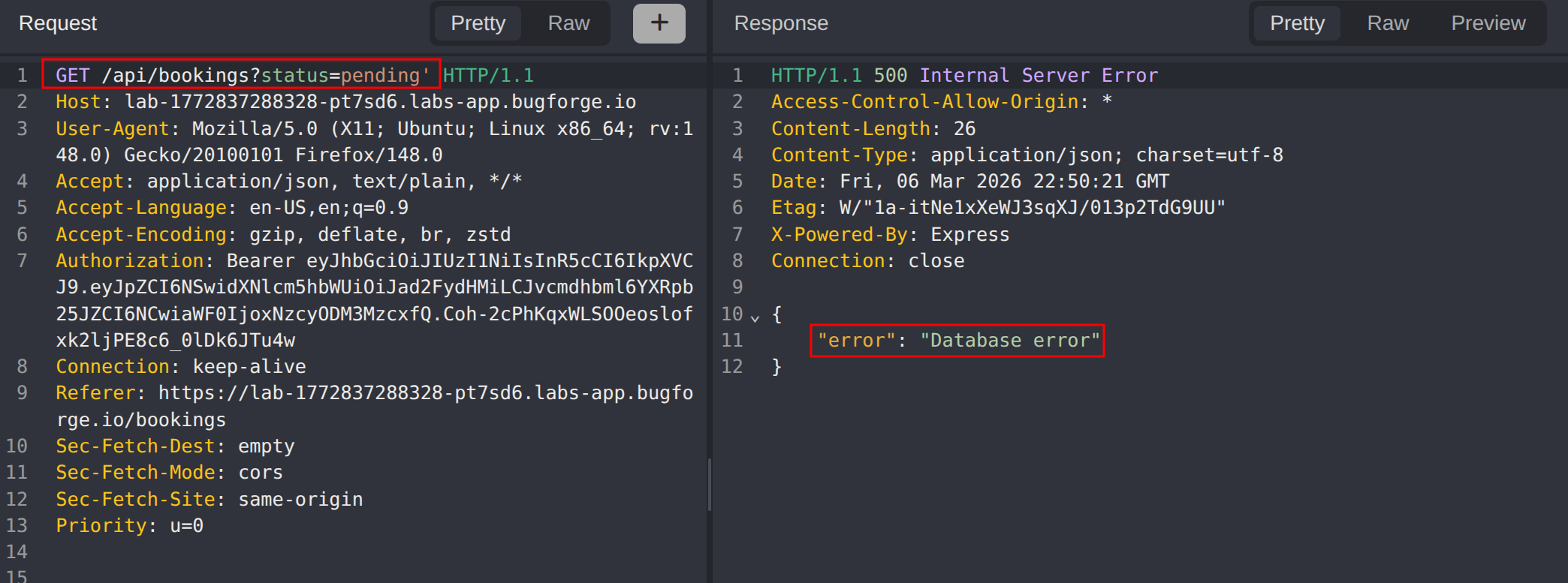Booking Search by Status - Database Error