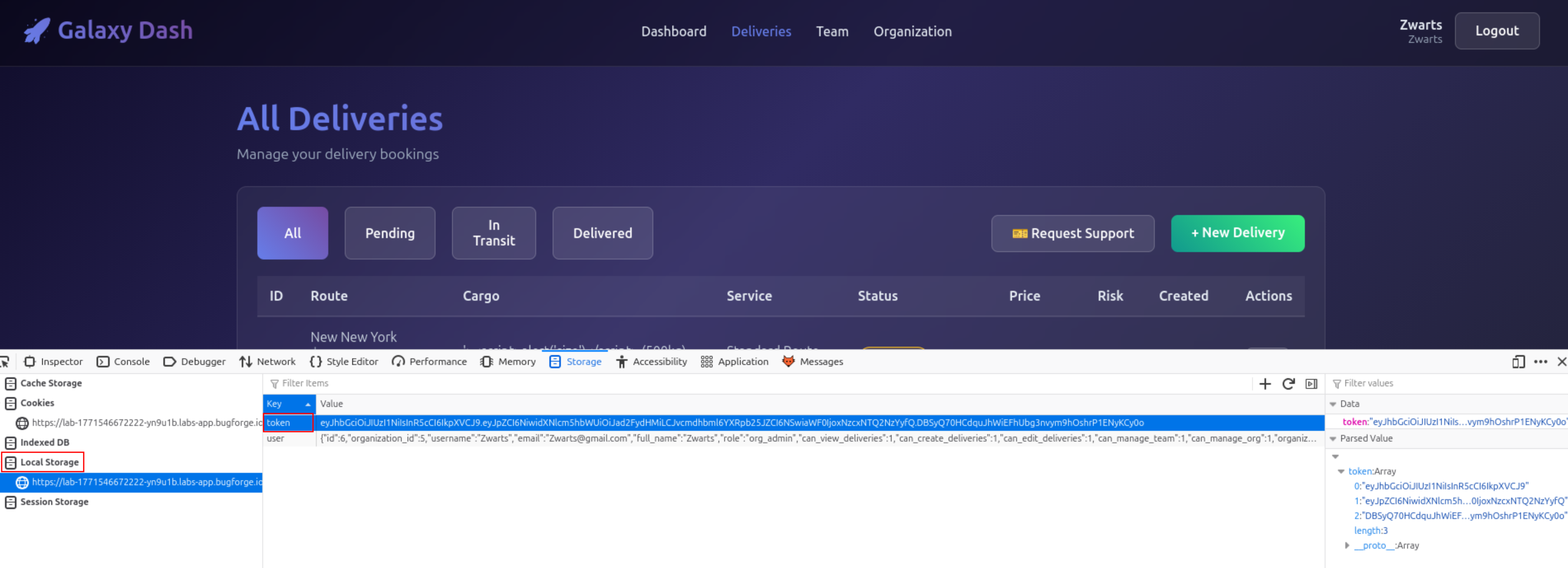 JWT Token stored in local storage