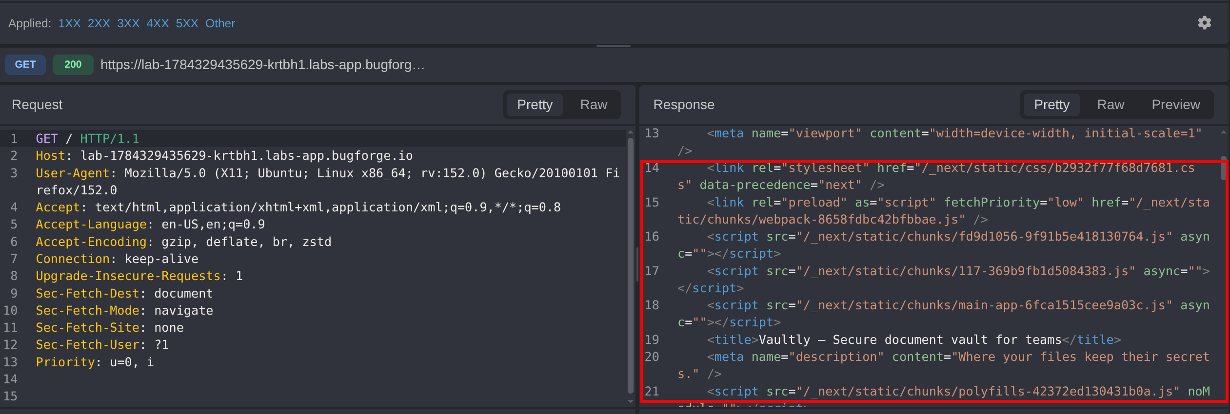 Vaultly homepage response showing the Next.js chunks, buildId and RSC streaming payload