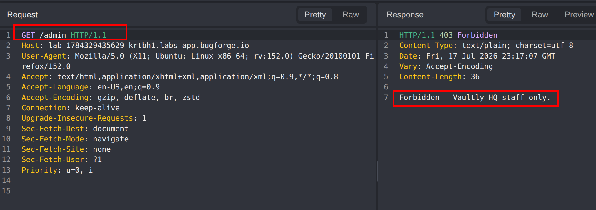 Caido replay of GET /admin returning 403 Forbidden from middleware